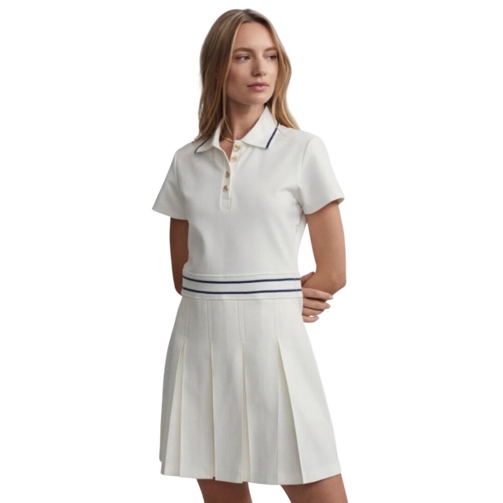 Varley Amar Tennis Dress White Activewear Piqué Pleated Mini Large